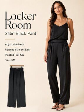 Locker Room Satin Black Adjustable Hem Relaxed Straight Leg Pleated Pull-On Pant